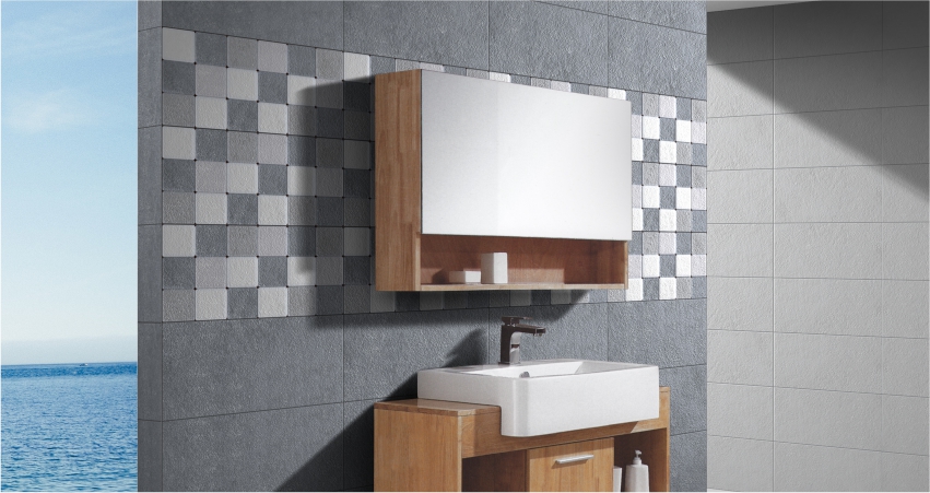 Bathroom vanity area with a checkered tile backsplash