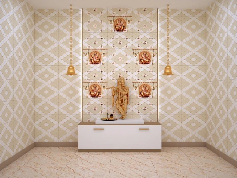 Spiritual pooja room design with Ganesha art tiles and brass bells