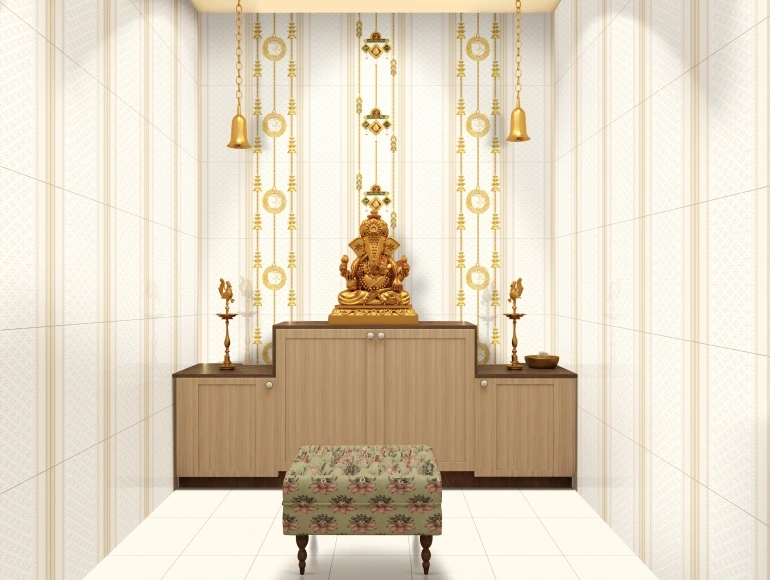 Pooja room design with decorative gold patterned with white-tiled flooring