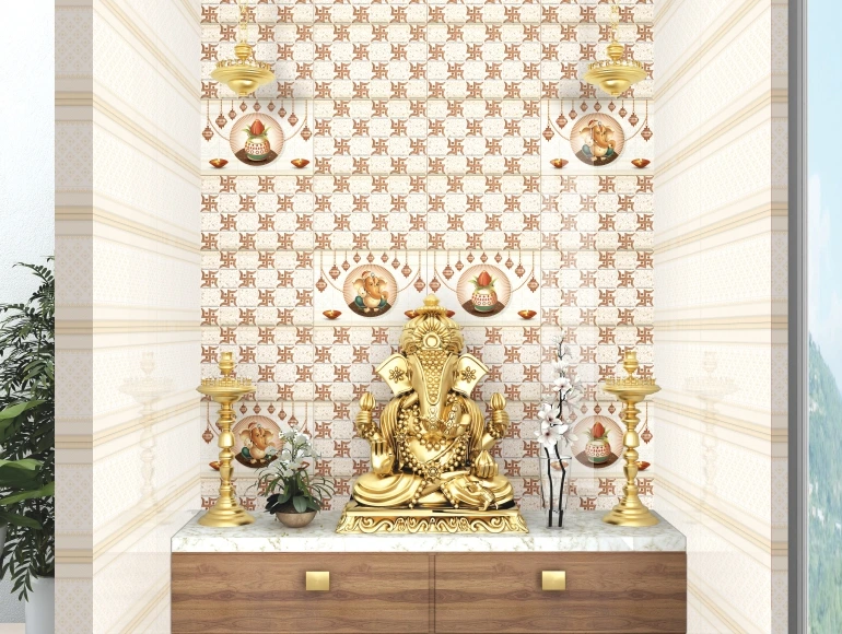 Stylish pooja room design with Mosaic Swastik tiles