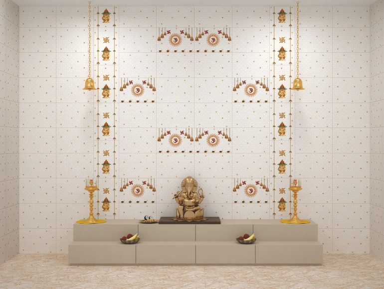 Pooja room design with gold-accented and Swastik patterns