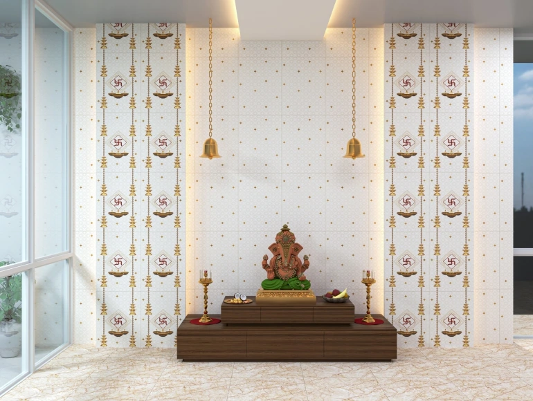 Elegant pooja room design with Ganesha idol, golden bells