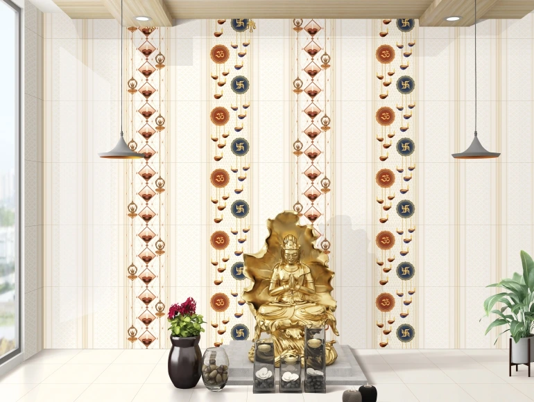 Pooja room design with vertical patterns of Om, Swastik, and diyas