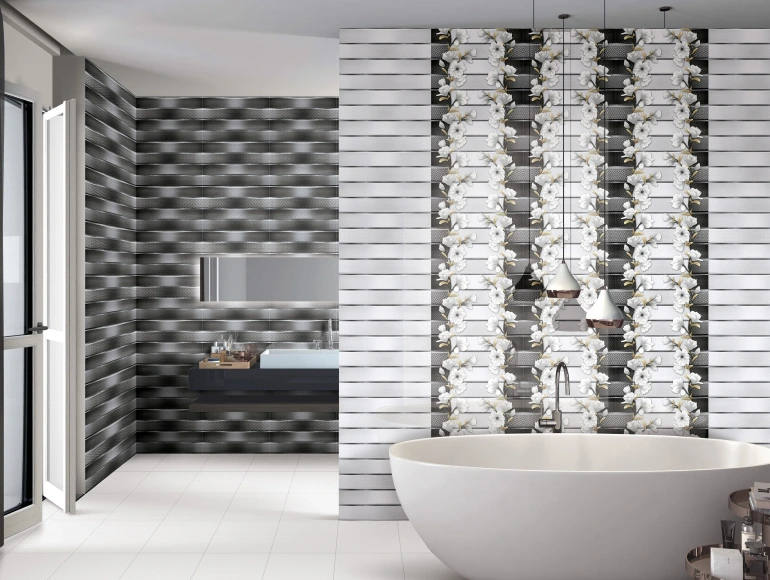 Buy 300x450 ODG Grey Floral Grid Strips Wall Tiles Online